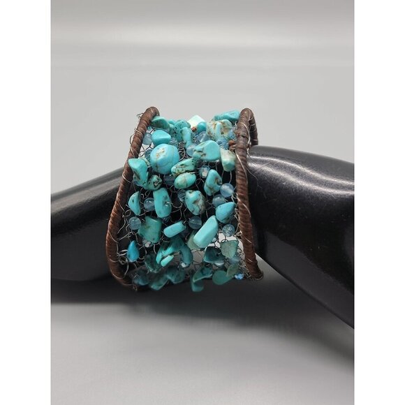 Chunky Turquoise Open Cuff Bracelet Wire Stitched Stones Handcrafted Size 7.5" - Picture 10 of 16
